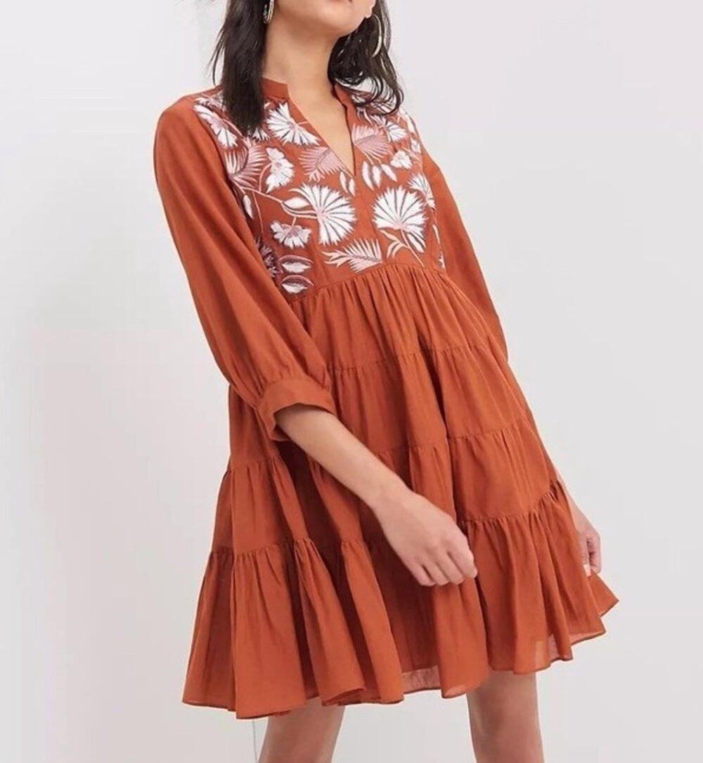 Anthropologie Samant Chauhan Embroidered Swing Dress Burnt Orange M